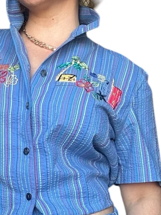 Blue Striped Embroidered Two-Piece Set - Picture 4 of 7